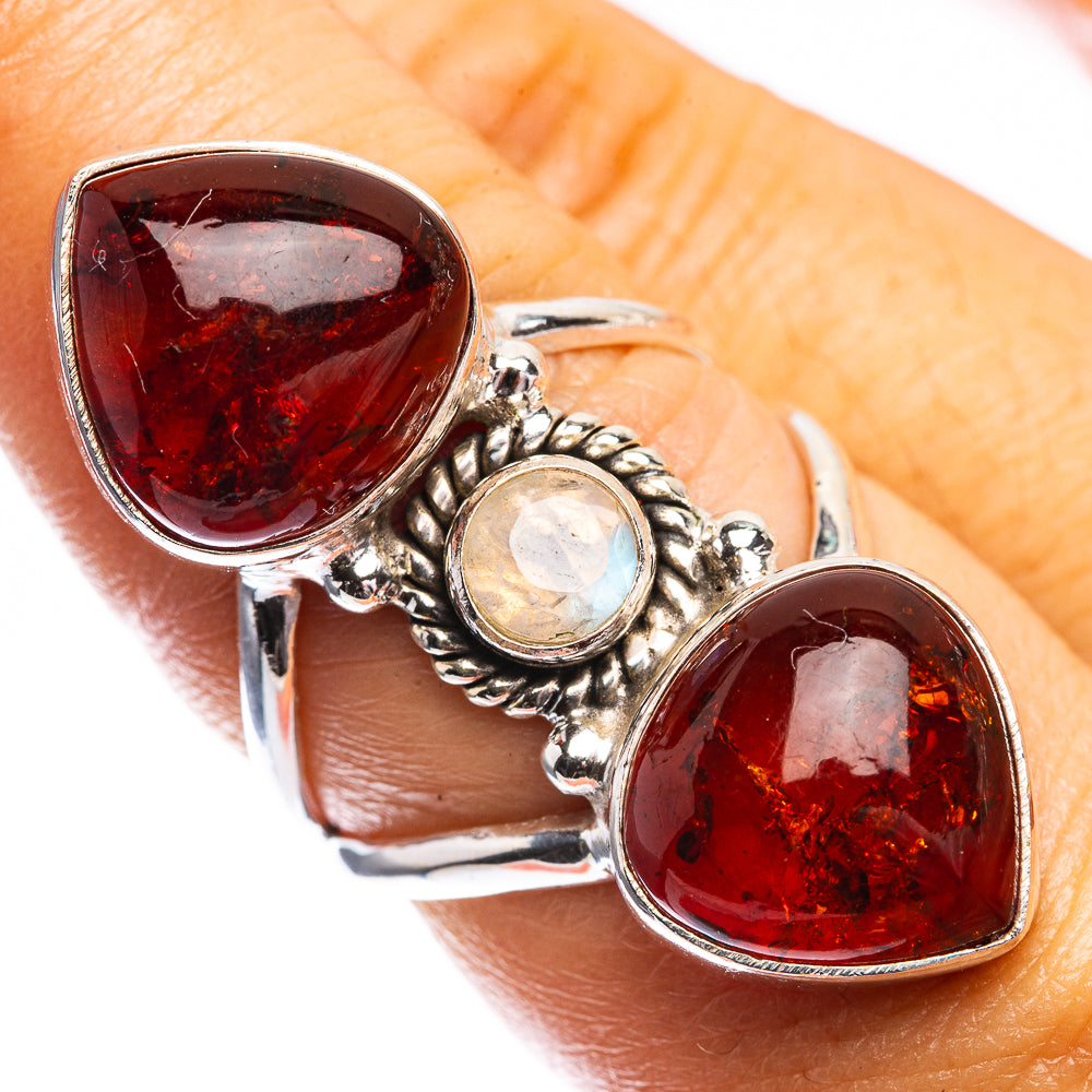 Large Baltic Amber, Rainbow Moonstone Ring Size 6.75 (925 Sterling Silver) R142503