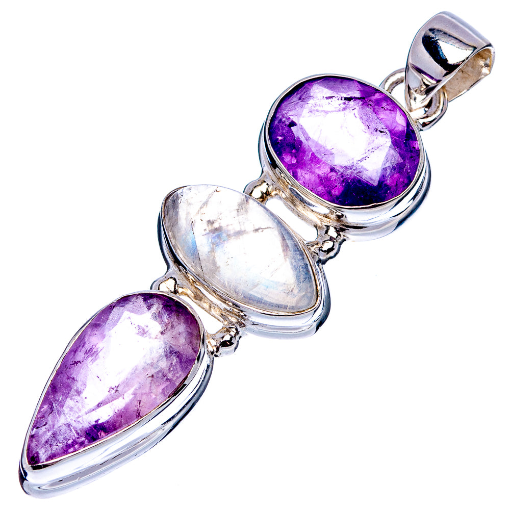 Premium Rainbow Moonstone, Amethyst Pendant 2" (.925 Sterling Silver)