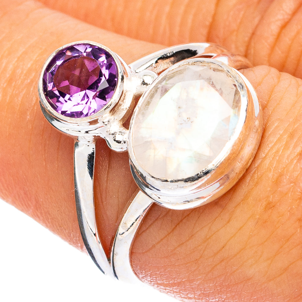 Rainbow Moonstone, Amethyst Ring Size 7.5 (925 Sterling Silver) R8318