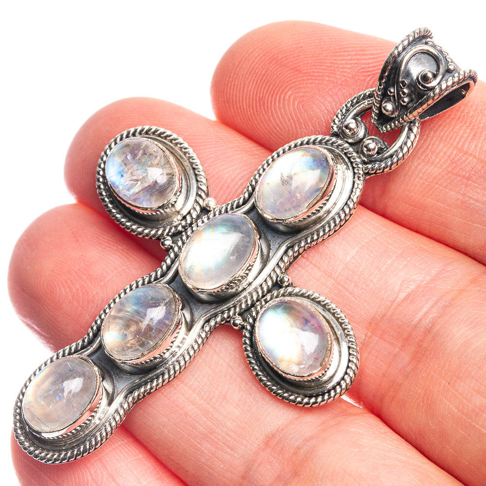 Rainbow Moonstone Cross 925 Sterling Silver Pendant 2 1/4"