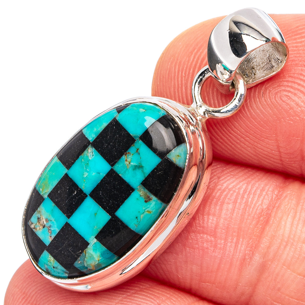Rare Kingman Turquoise Black Onyx Pendant 1 1/4" (.925 Sterling Silver)