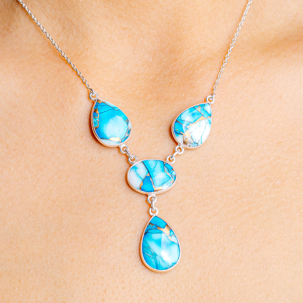 Ice Blue Dahlia Mohave Turquoise Necklace 17 to 19" (.925 Sterling Silver)