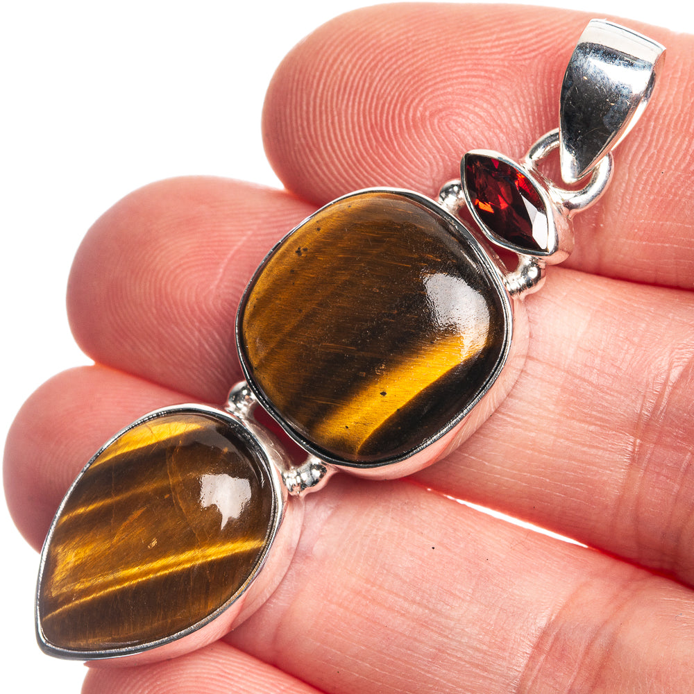 Tiger Eye, Garnet 925 Sterling Silver Pendant 2 1/8"