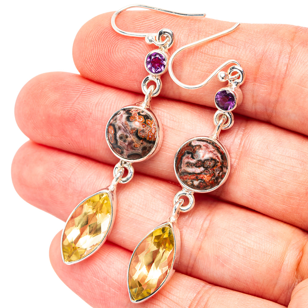 Premium Leopard Skin Jasper, Citrine, Amethyst Earrings 2 3/8" (.925 Sterling Silver)