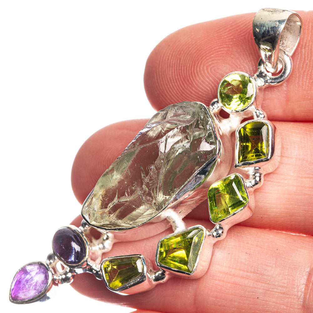 Rough Aquamarine, Peridot, Amethyst 925 Sterling Silver Pendant 2 1/4"