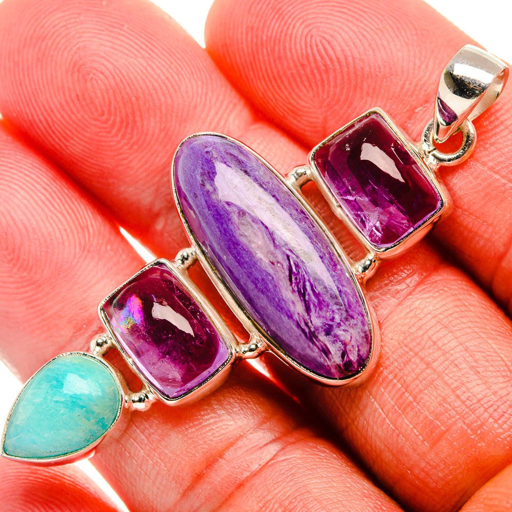 Charoite, Amethyst, Amazonite Pendant 2 1/4" (925 Sterling Silver) PD37963