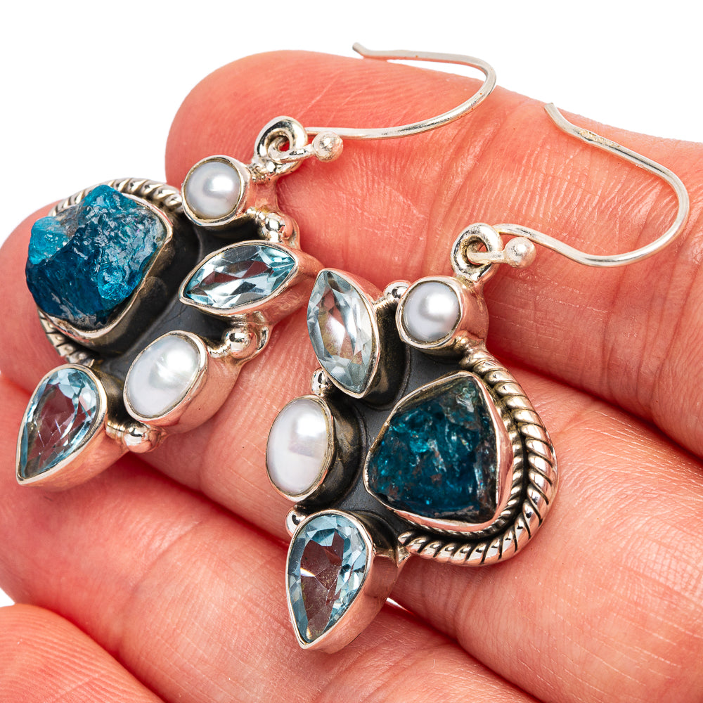 Apatite, Blue Topaz, Cultured Pearl Premium Earrings 1 5/8" (925 Sterling Silver) E2354