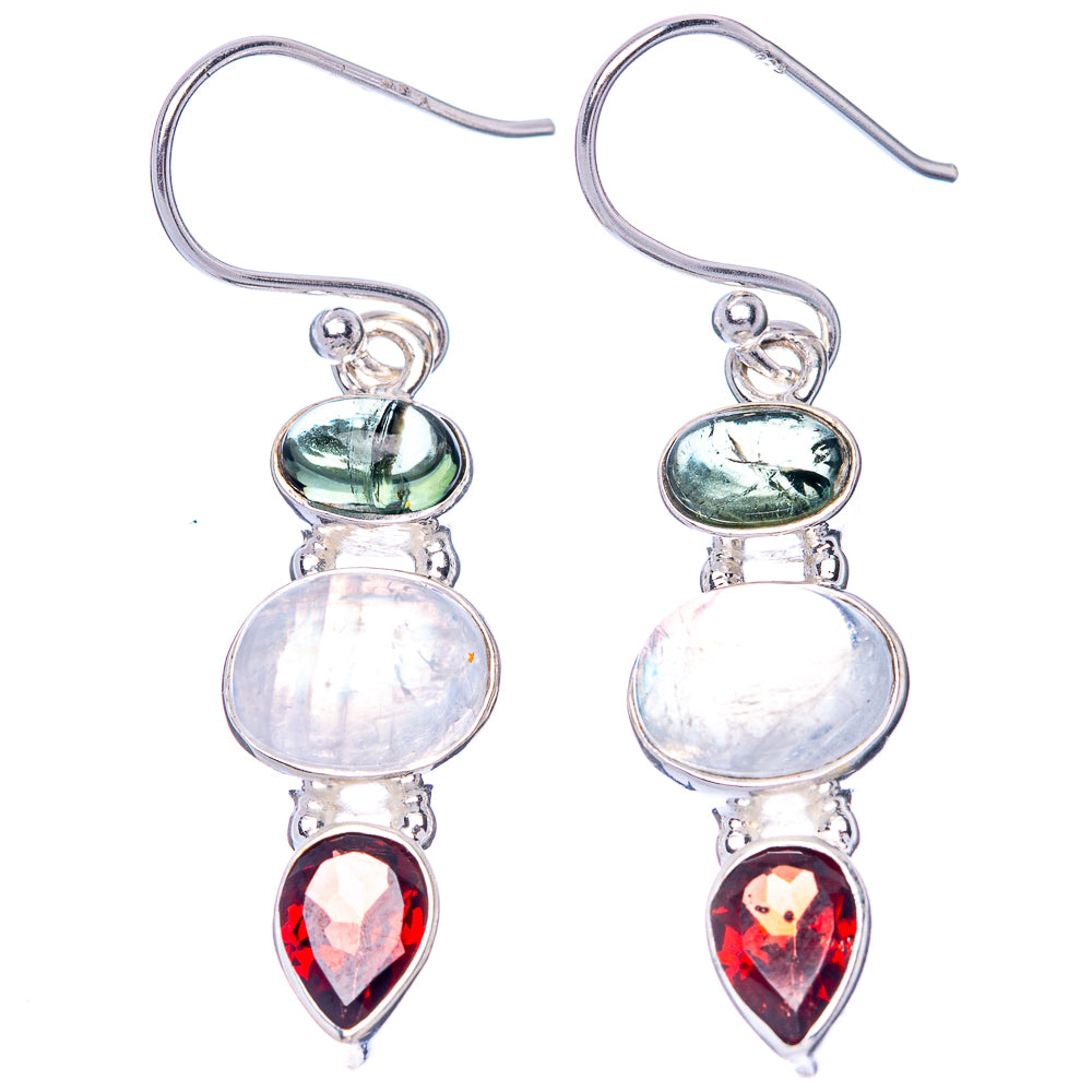 Rainbow Moonstone, Garnet, Green Tourmaline Earrings 1 5/8" (925 Sterling Silver) E1458