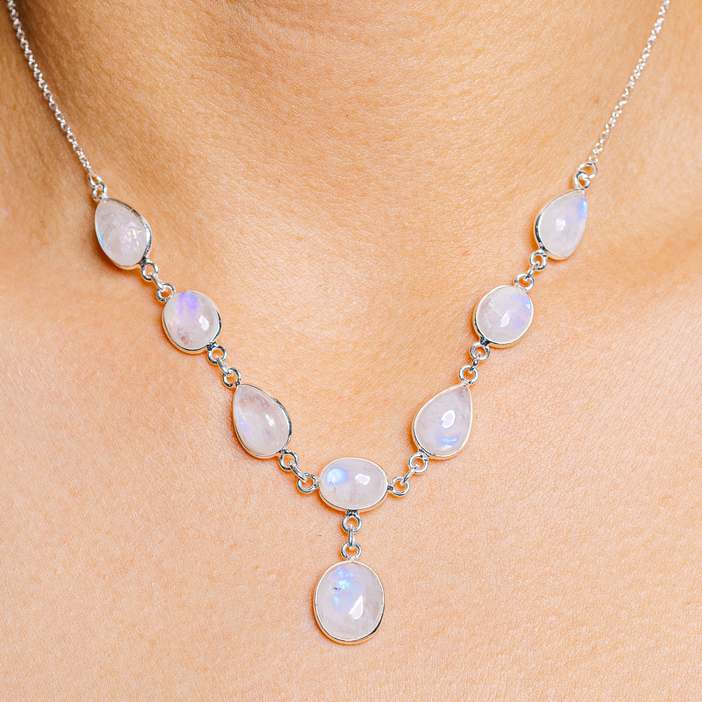 Rainbow Moonstone Necklace 16 to 18" (.925 Sterling Silver)