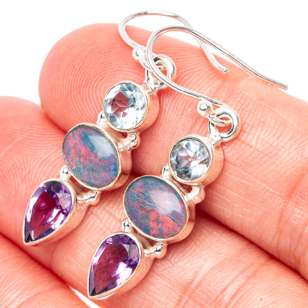 Rare Ethiopian Opal, Amethyst, Blue Topaz Earrings 1 1/2" (925 Sterling Silver) E1542