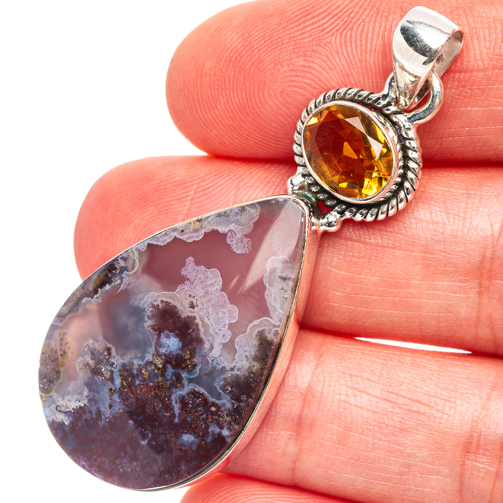 Premium Indonesian Plume Agate, Citrine Pendant 2 1/8" (.925 Sterling Silver)