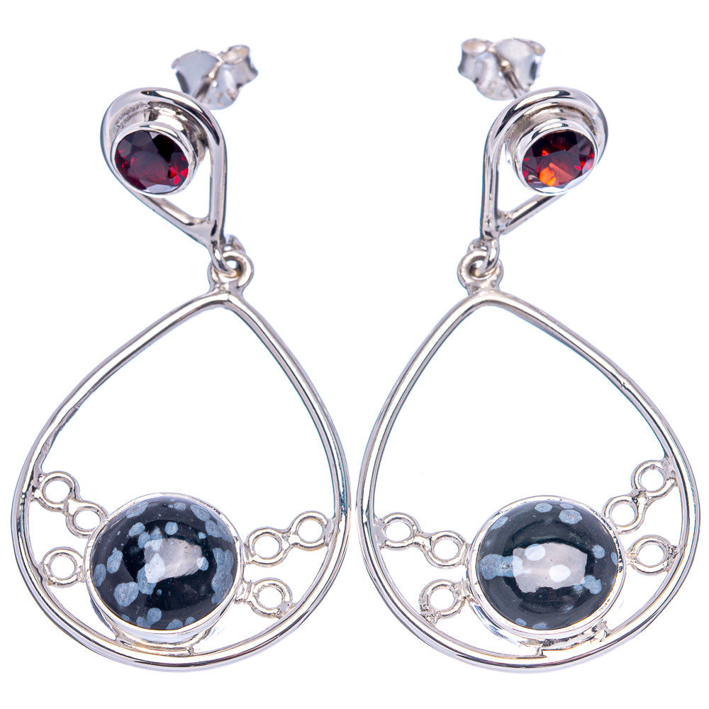 Premium Snowflake Obsidian, Garnet Earrings 1 3/4" (.925 Sterling Silver)