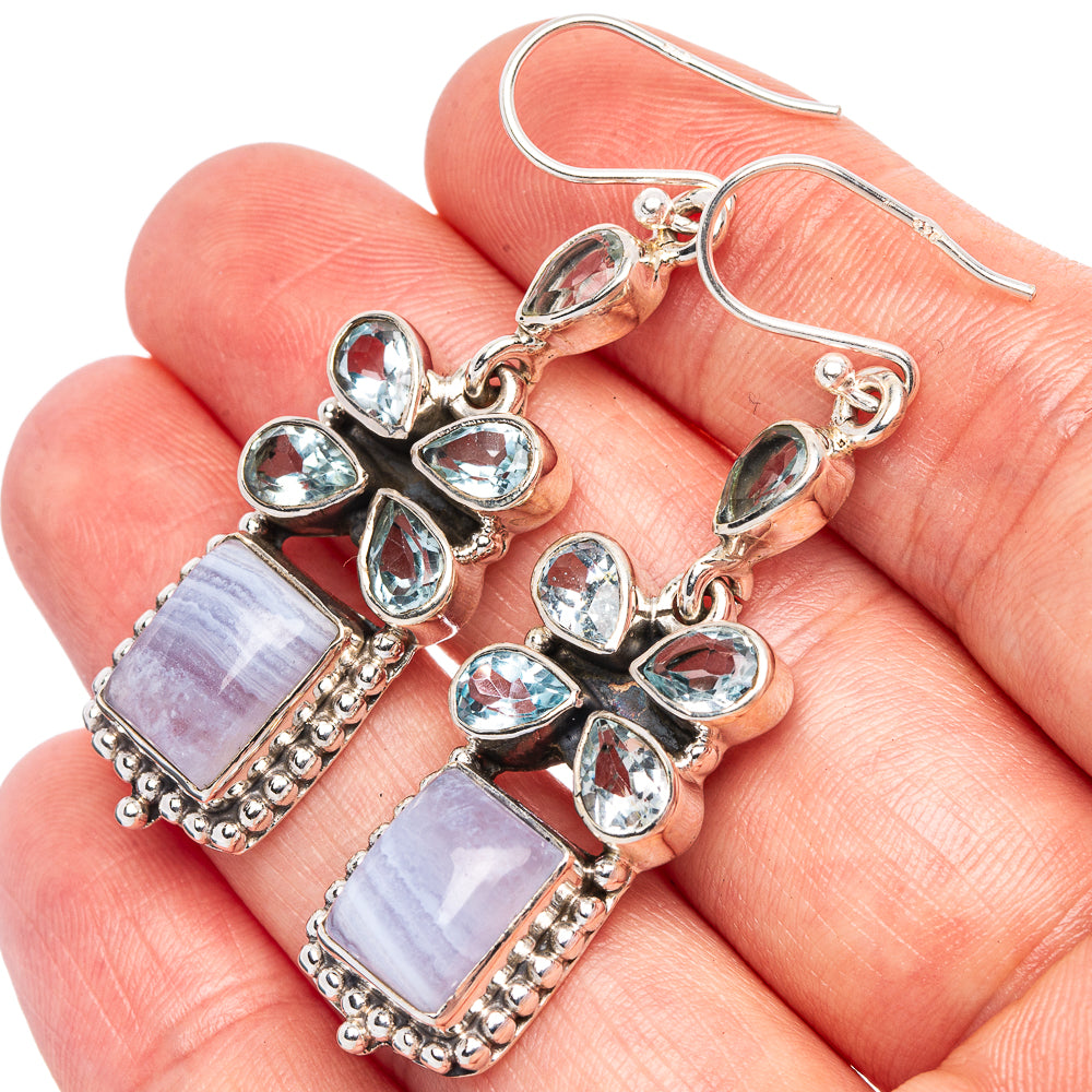 Premium Blue Lace Agate, Blue Topaz Earrings 2 1/8" (925 Sterling Silver) E1772