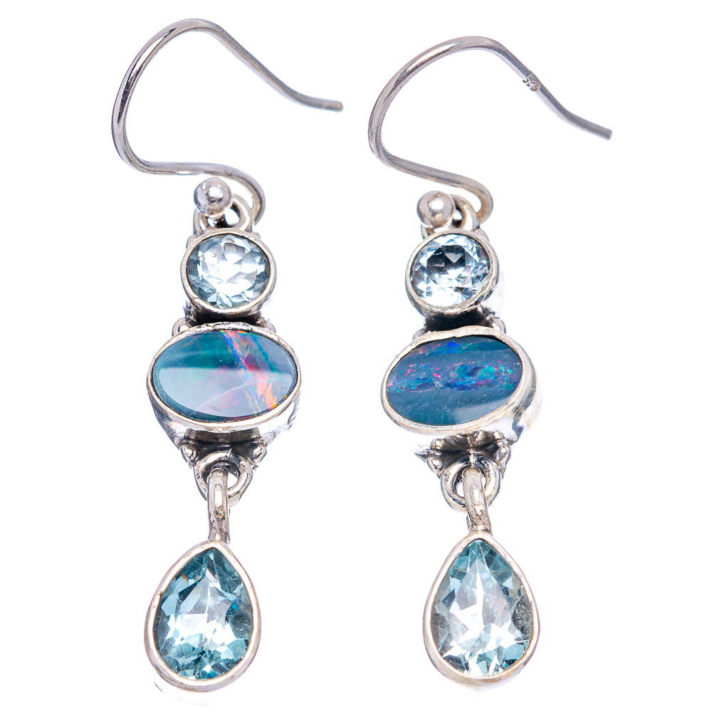 Doublet Opal, Blue Topaz Earrings 1 5/8" (.925 Sterling Silver)