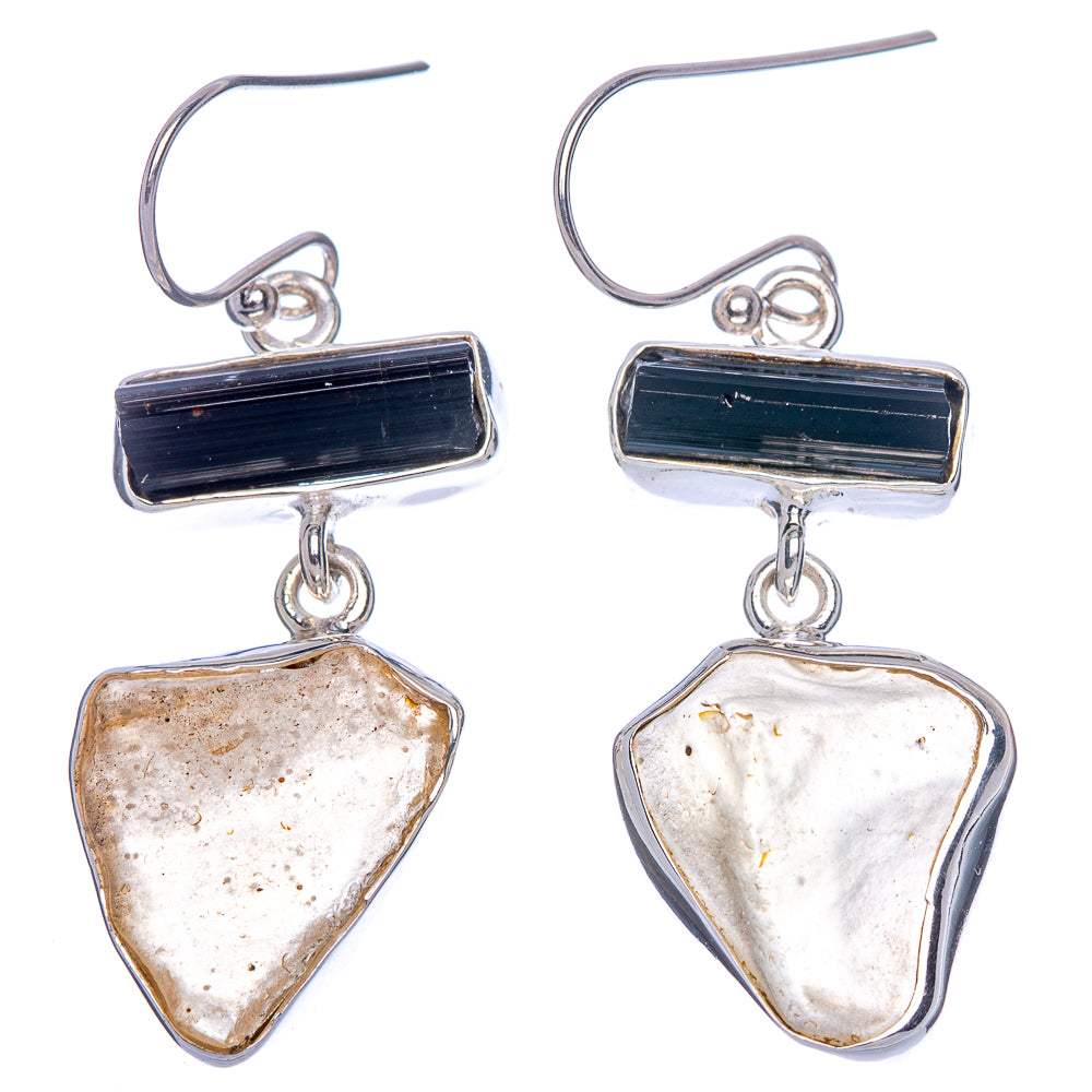 Libyan Desert Glass, Black Tourmaline Earrings 1 5/8" (925 Sterling Silver) E433243