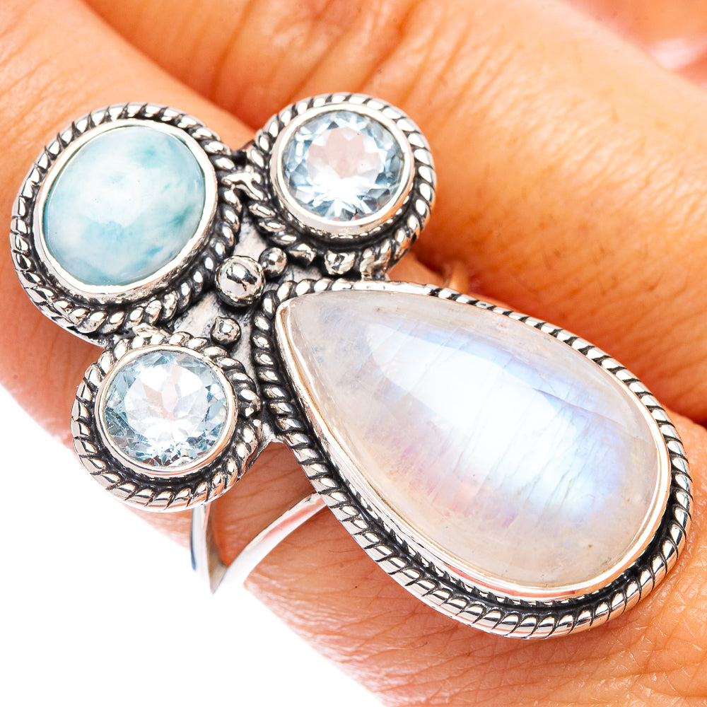 Signature Rainbow Moonstone, Larimar, Blue Topaz Ring Size 7.75 (925 Sterling Silver) R1791