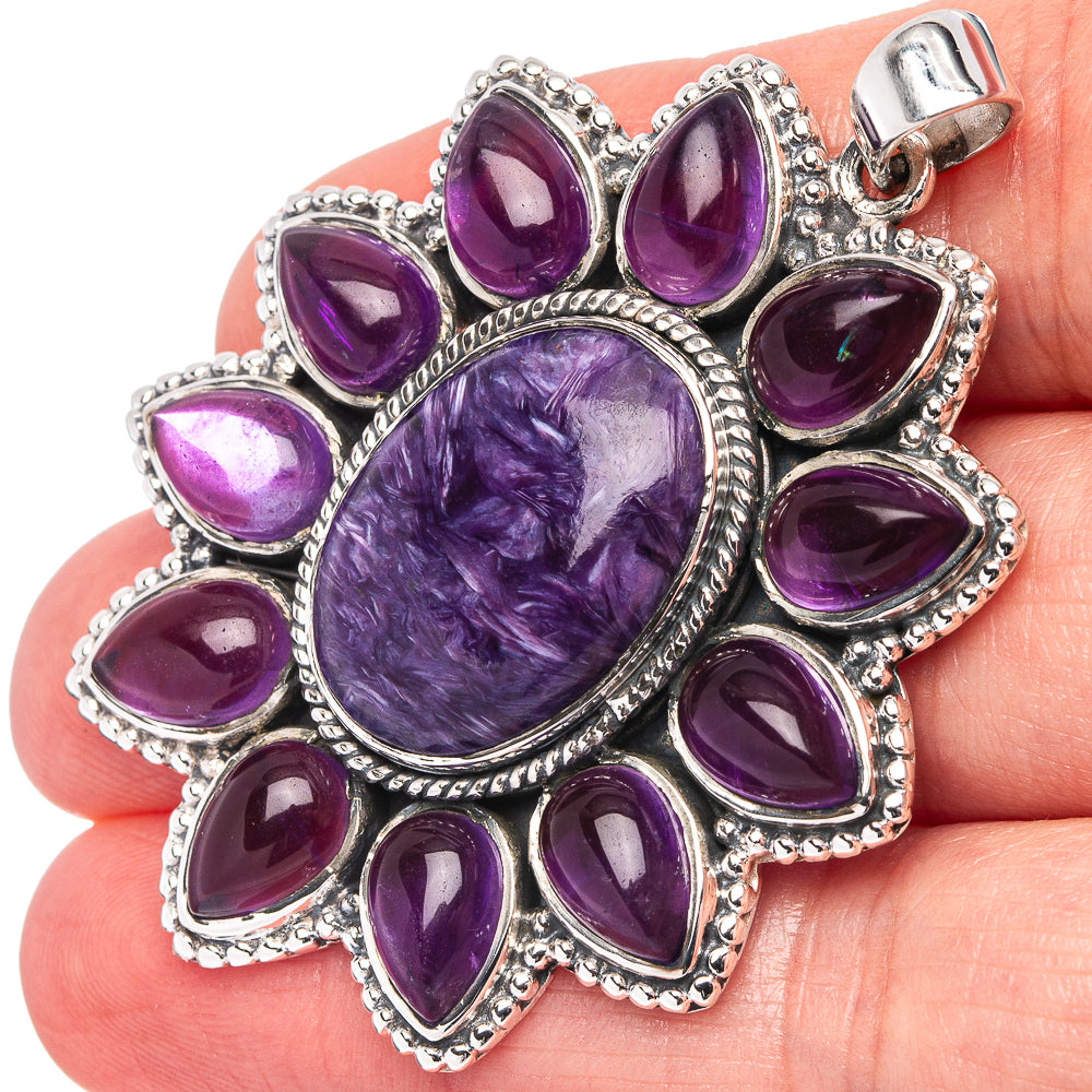 Signature Charoite, Amethyst Pendant 2 1/8" (.925 Sterling Silver)