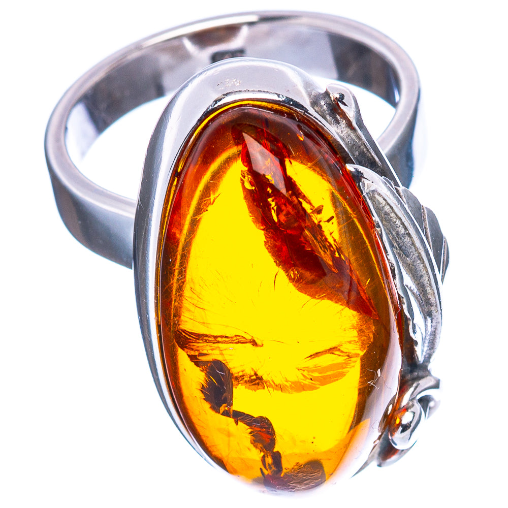Baltic Amber Leaf Ring Size 7 Adjustable (.925 Sterling Silver)