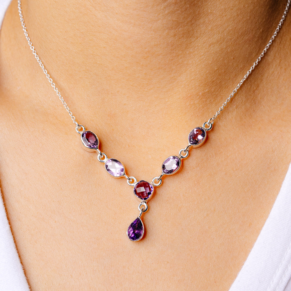 Faceted Amethyst Necklace 17 To 18 3/4" (925 Sterling Silver) N90131