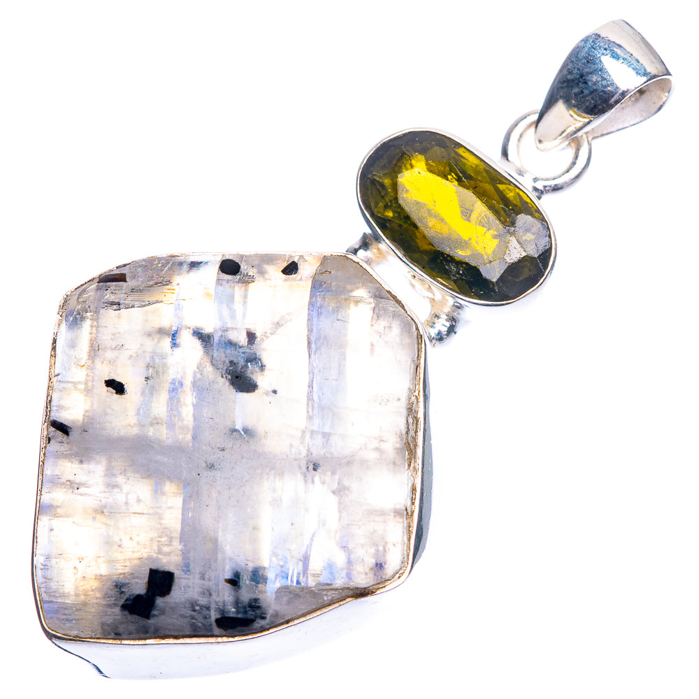Raw Rainbow Moonstone, Green Tourmaline Pendant 2" (925 Sterling Silver) P39224