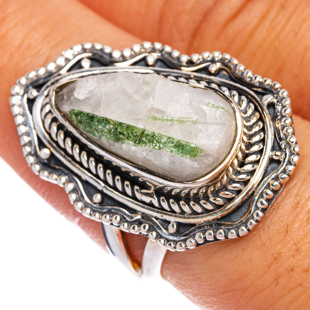 Large Green Quartz In Tourmaline Ring Size 7.75 (925 Sterling Silver) R145318
