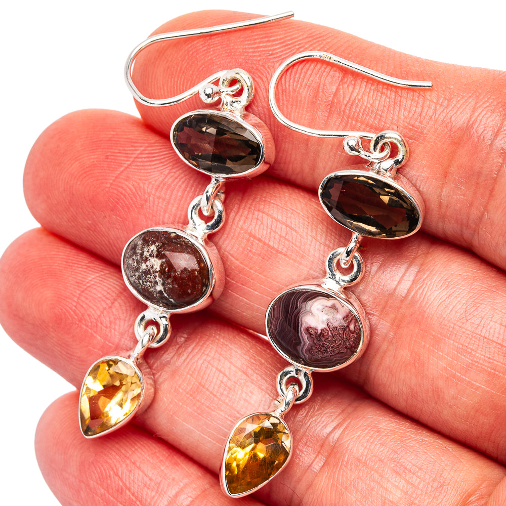 Premium Laguna Lace Agate, Smoky Quartz, Citrine Earrings 2" (.925 Sterling Silver)