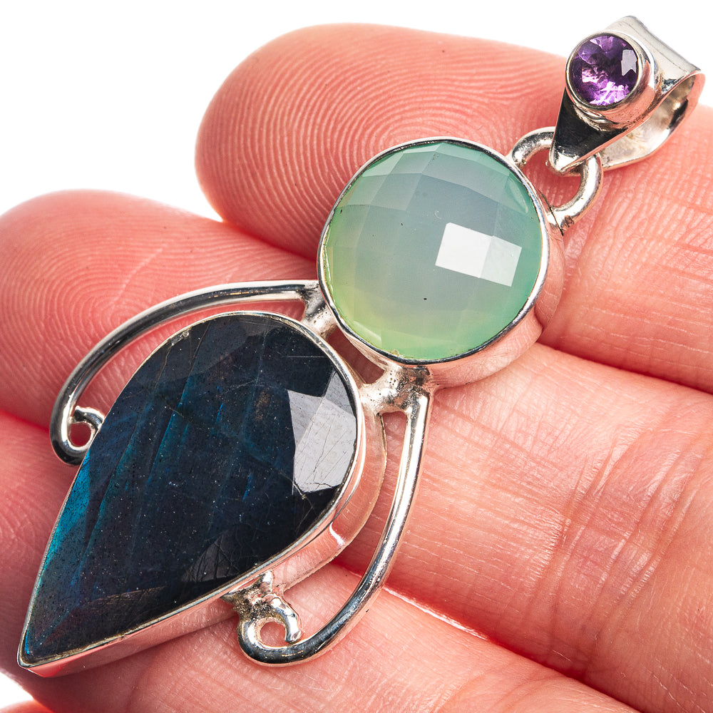 Labradorite, Aqua Chalcedony, Amethyst 925 Sterling Silver Pendant 1 7/8"