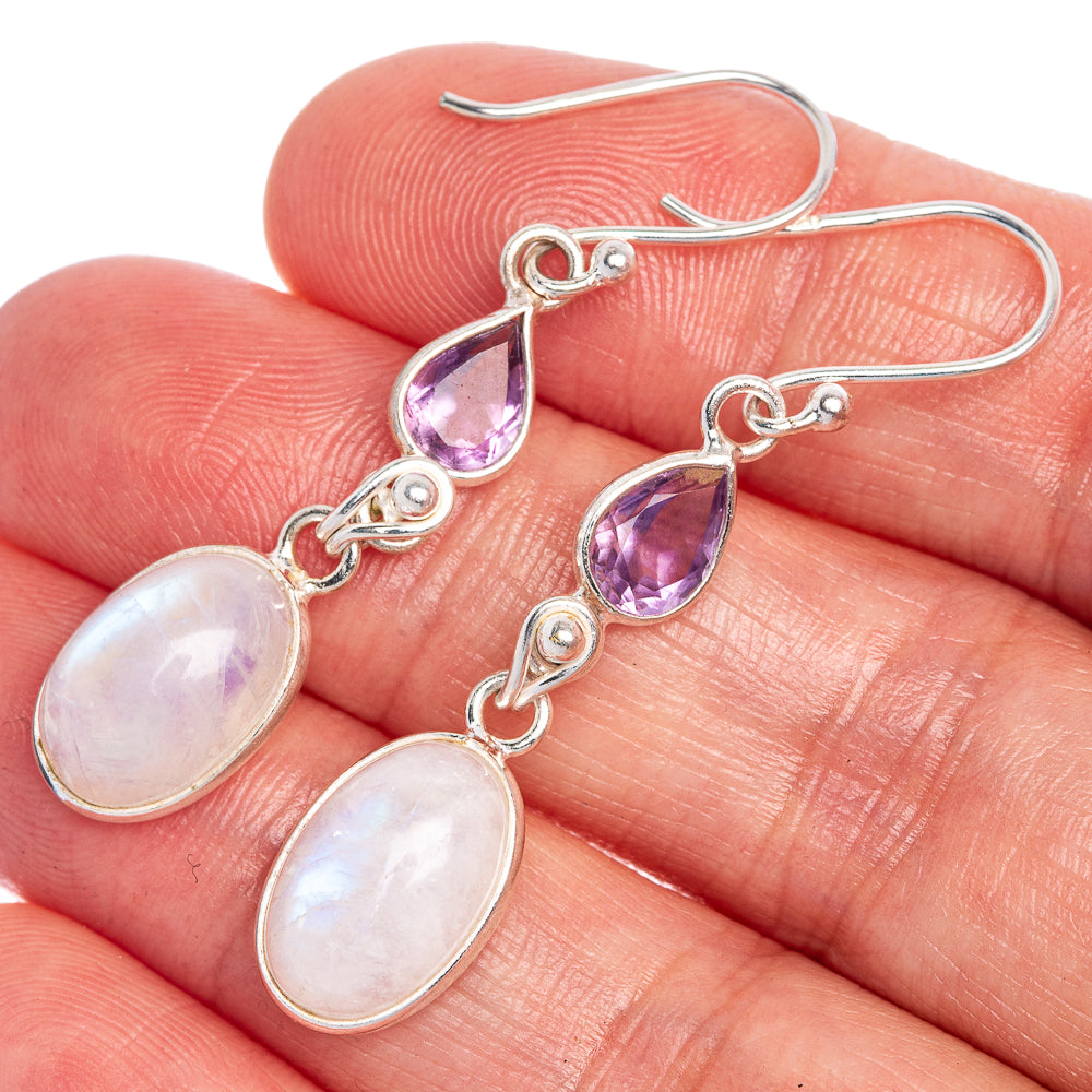 Rainbow Moonstone, Amethyst Earrings 1 3/4" (925 Sterling Silver) E1014