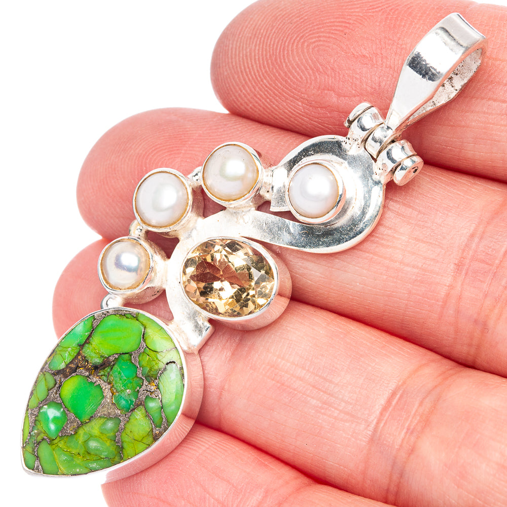 Green Copper Composite Turquoise, Cultured Pearl Pendant 2 1/4" (925 Sterling Silver) P40106