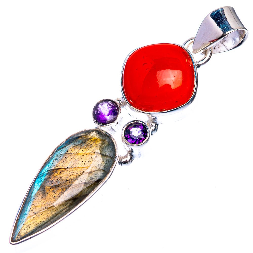 Labradorite, Carnelian, Amethyst 925 Sterling Silver Pendant 2 1/8"