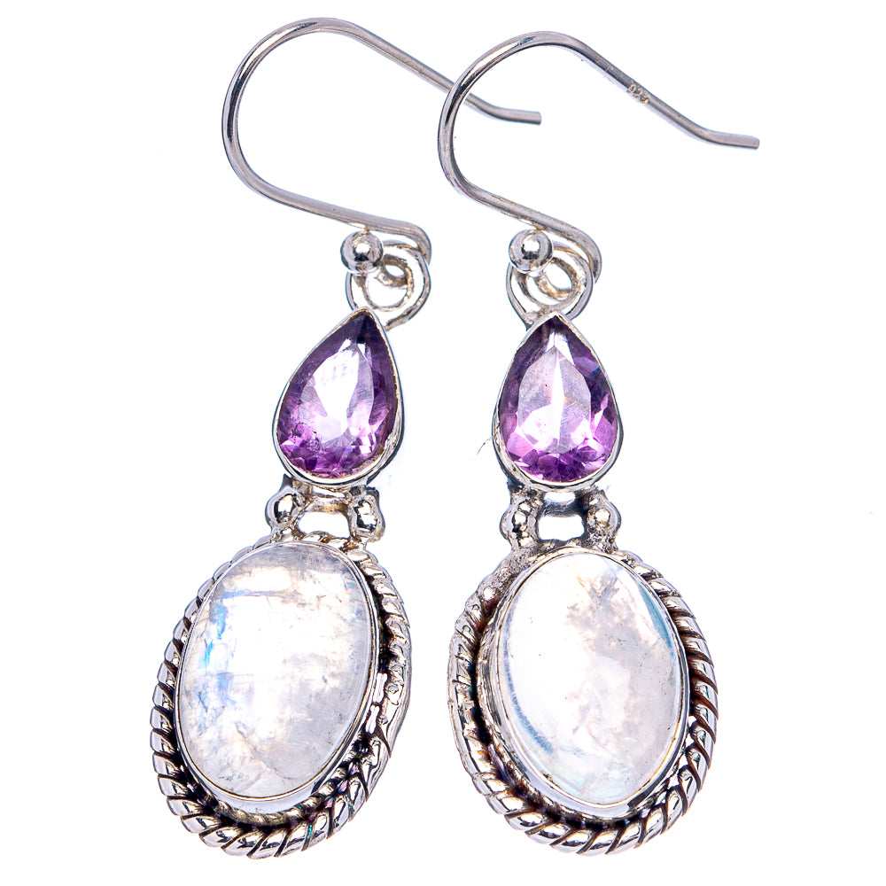Rainbow Moonstone, Amethyst Earrings 1 5/8" (.925 Sterling Silver)