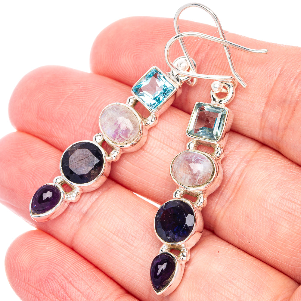 Rainbow Moonstone, Tanzanite, Amethyst, Blue Topaz Earrings 1 7/8" (925 Sterling Silver) E433078
