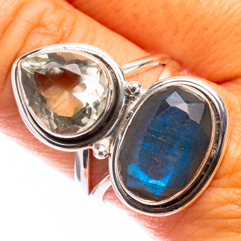 Large Labradorite, White Quartz Ring Size 8.25 (925 Sterling Silver) R141242