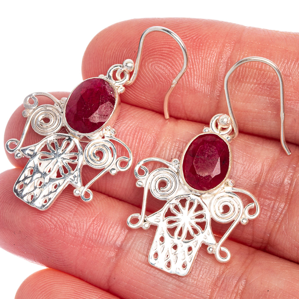 Glass Filled Ruby Hand Earrings 1 5/8" (925 Sterling Silver) E1007