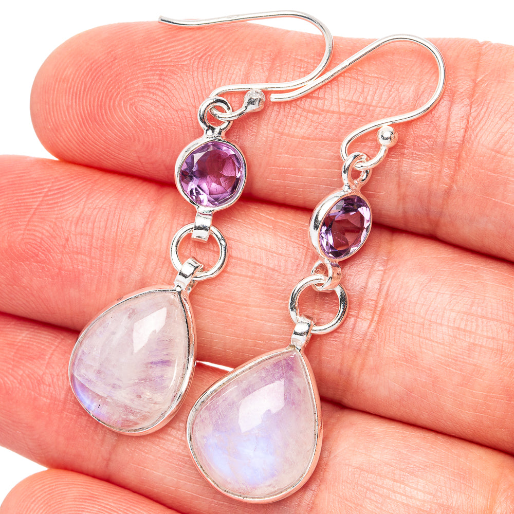 Rainbow Moonstone, Amethyst Earrings 1 3/4" (.925 Sterling Silver)