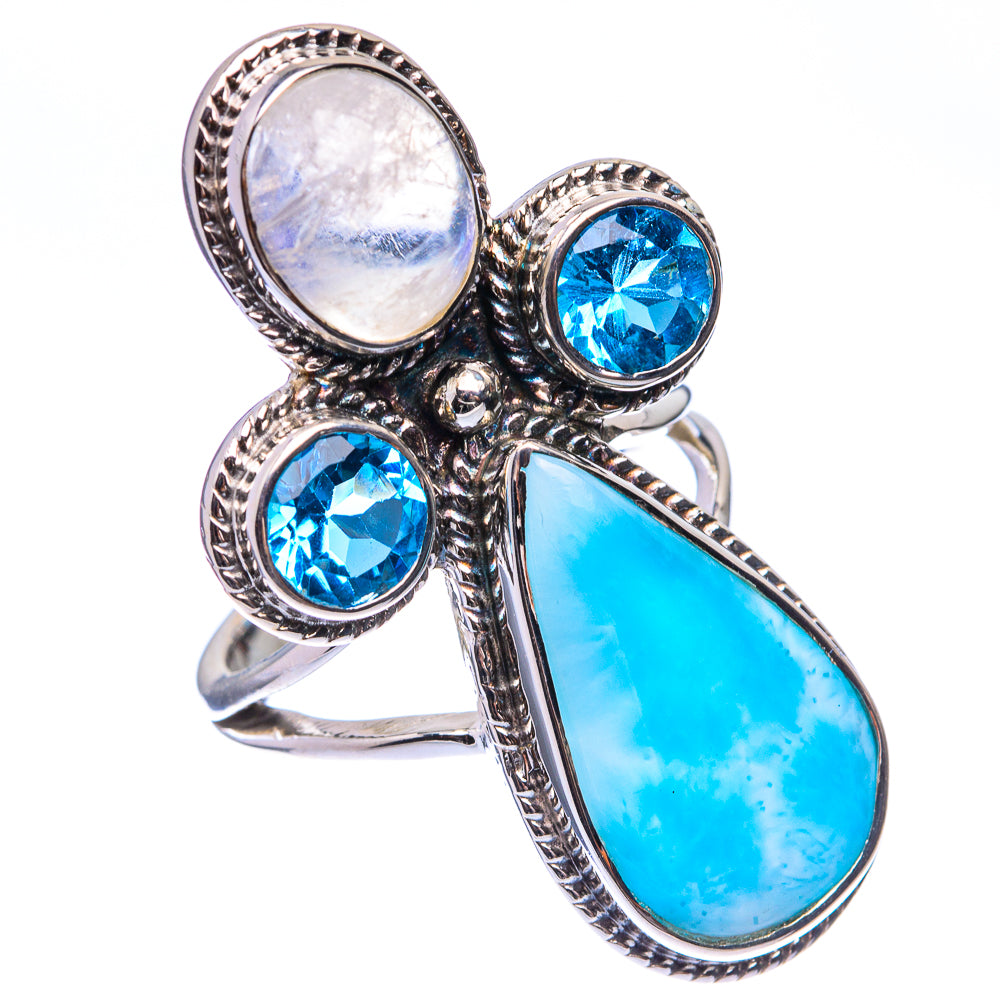 Signature Larimar, Rainbow Moonstone, Blue Topaz Ring Size 7 (925 Sterling Silver) R141716