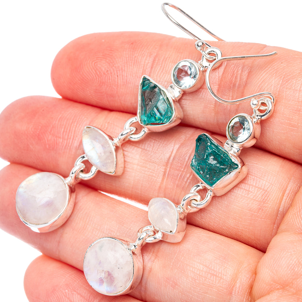 Premium Rainbow Moonstone, Apatite, Blue Topaz Earrings 2 1/4" (925 Sterling Silver) E1283