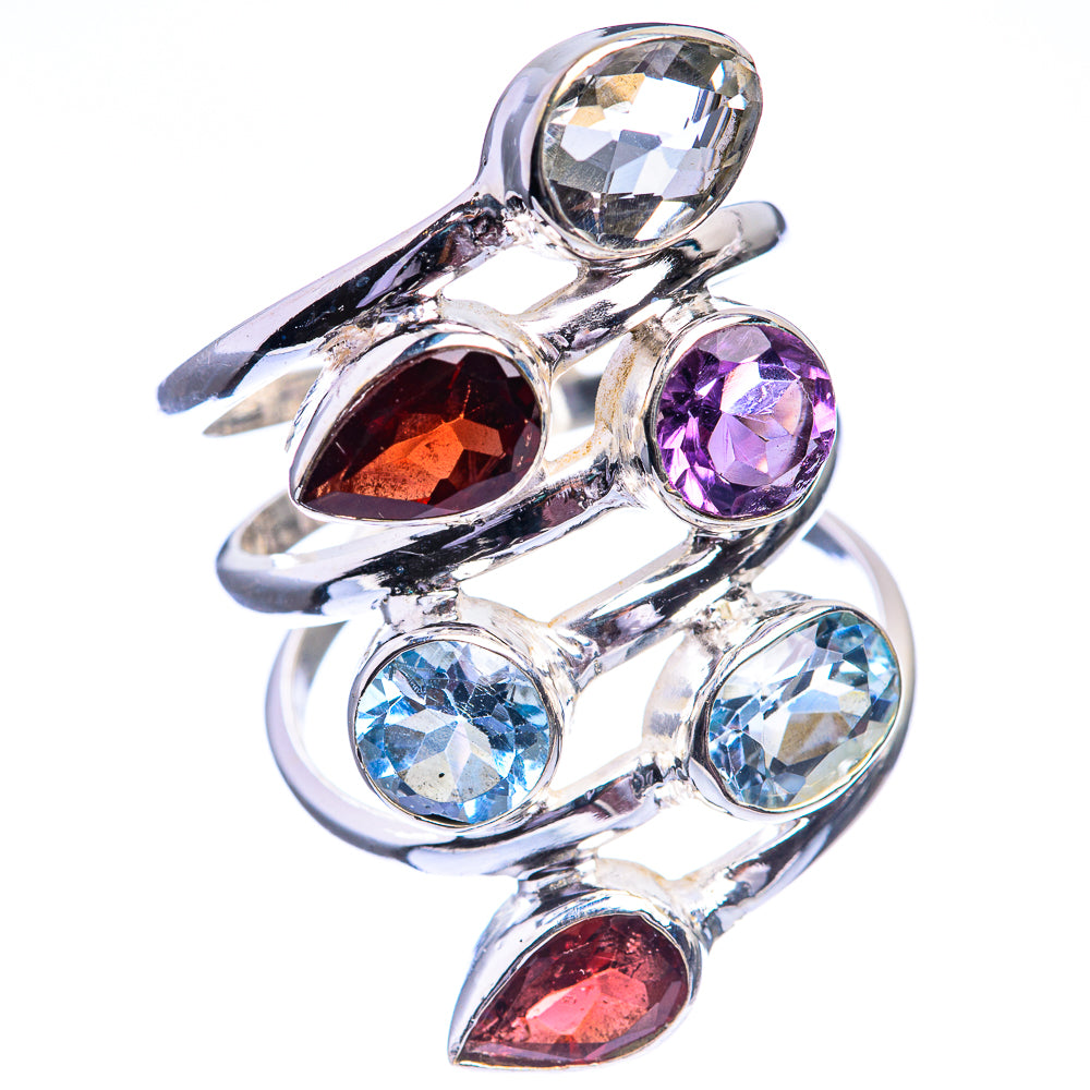 Garnet, Blue Topaz, Amethyst, White Quartz Ring Size 7.5 (925 Sterling Silver) R142048