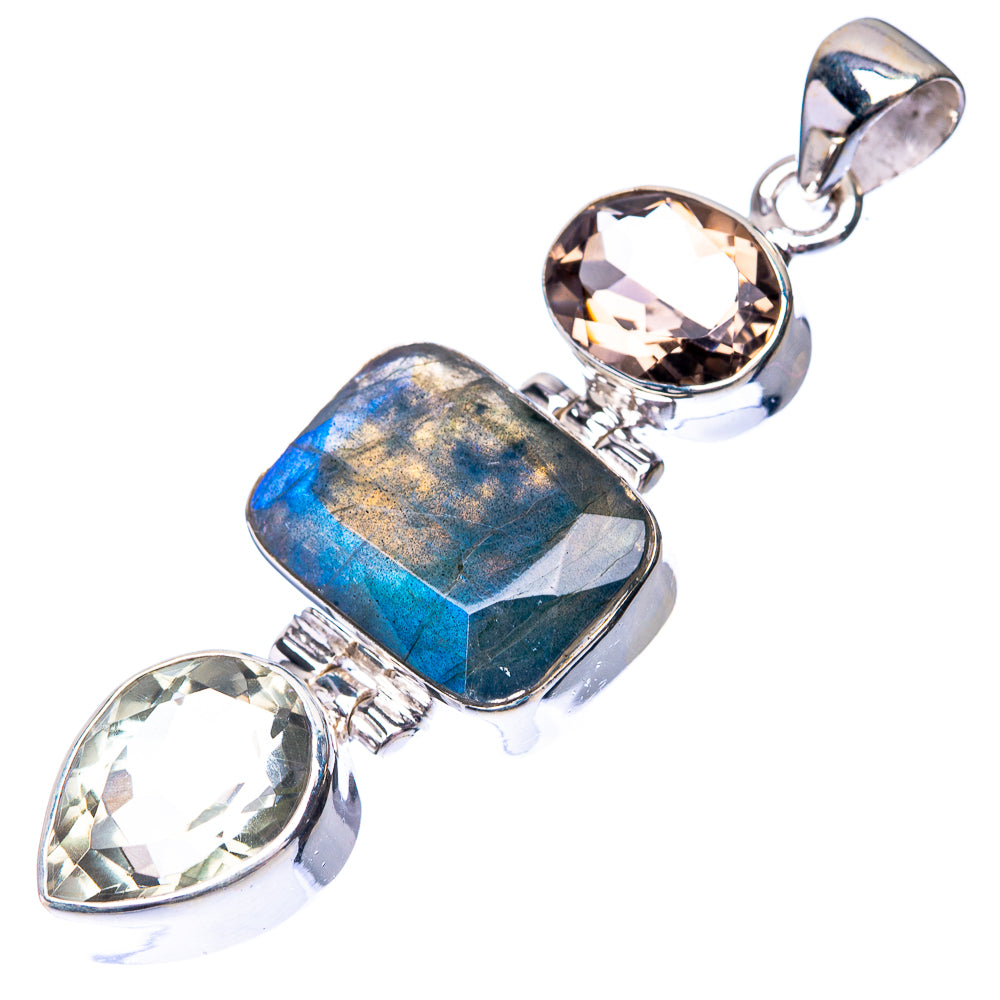 Labradorite, White Quartz, Smoky Quartz Pendant 2 1/8" (925 Sterling Silver) P38697