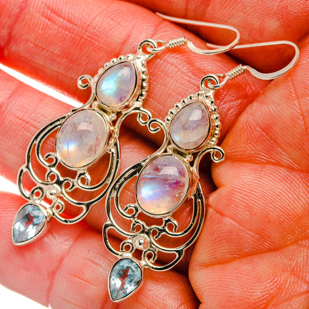 Signature Rainbow Moonstone, Blue Topaz 925 Sterling Silver Earrings 2 1/8" (925 Sterling Silver) EARR431958
