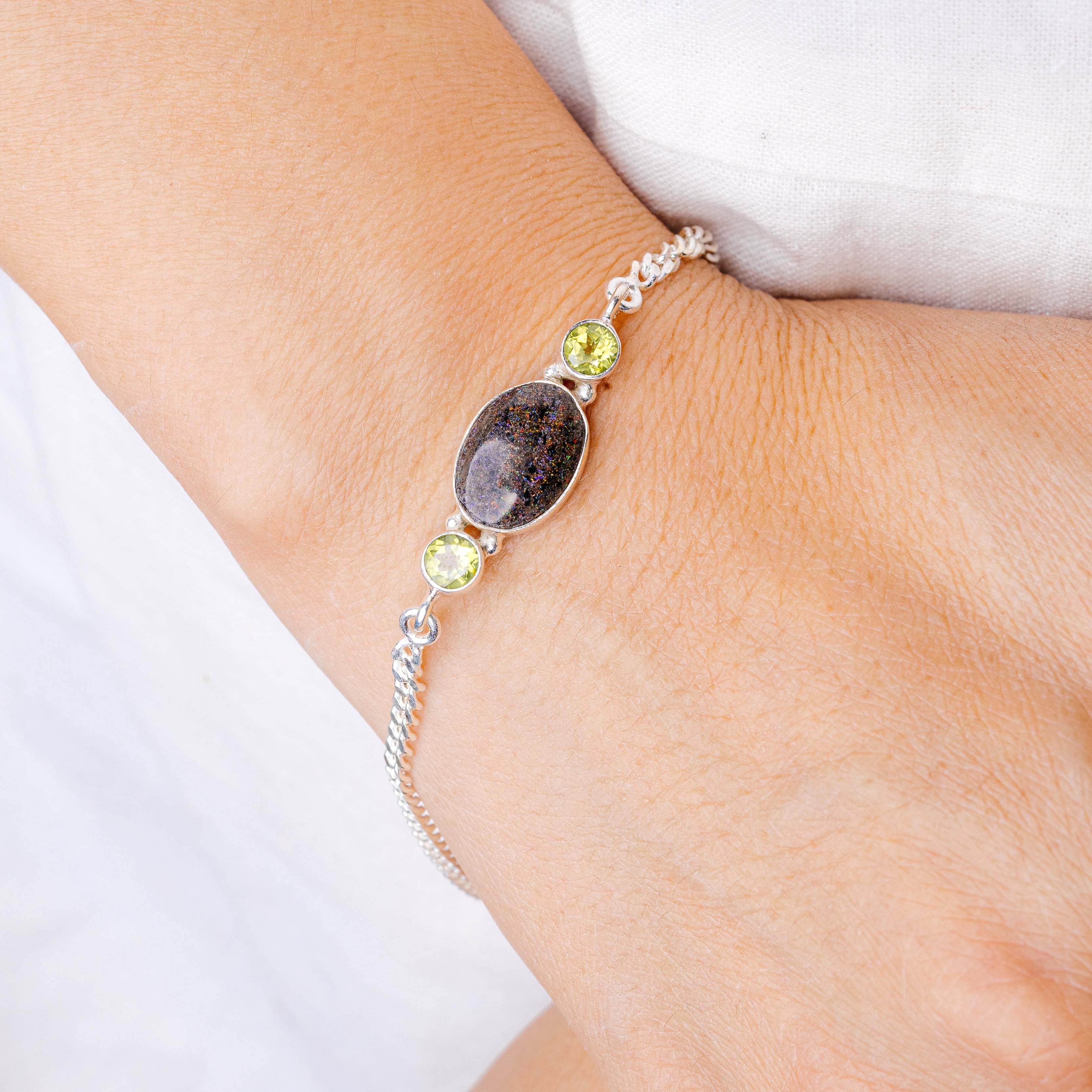 Matrix Opal, Peridot Cuff Bracelet 7 1/2 To 8 1/4" (925 Sterling Silver) B90412