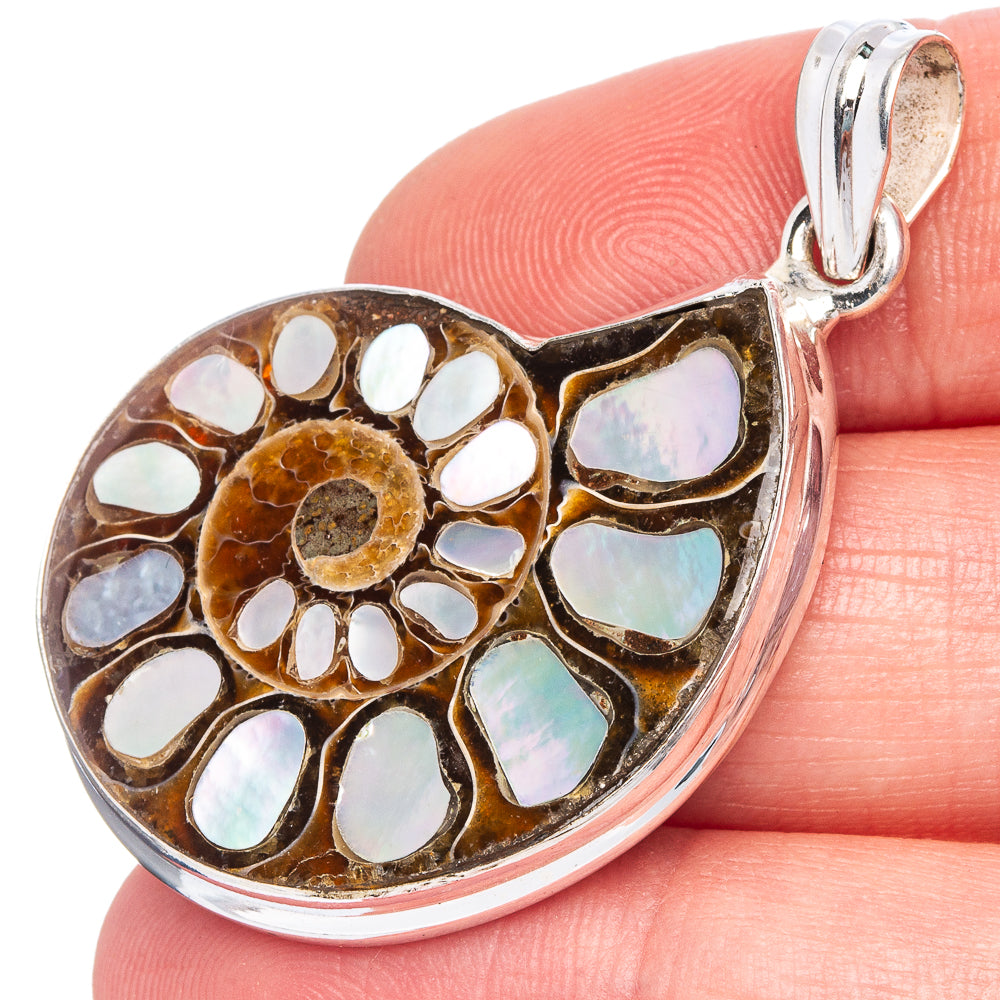 Rare Mother Of Pearl Ammonite Fossil Pendant 1 3/4" (925 Sterling Silver) P40559
