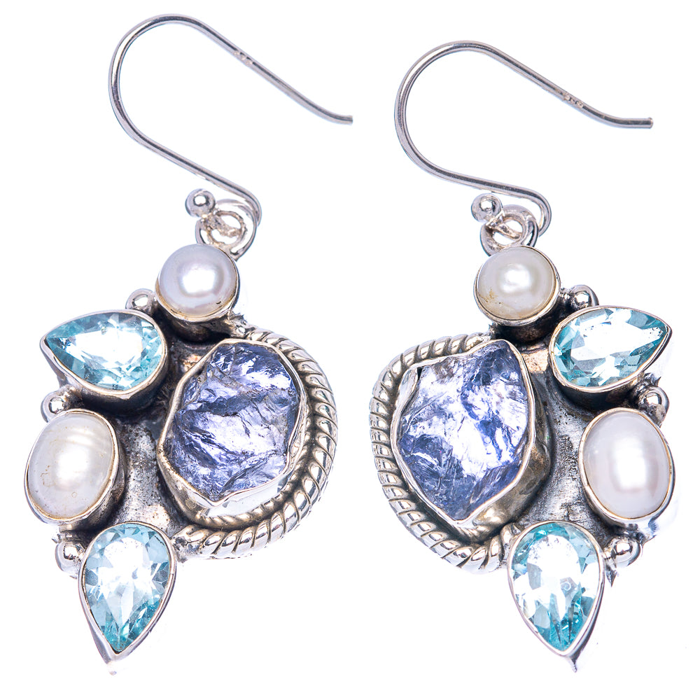 Premium Rough Tanzanite, Blue Topaz, Cultured Pearl Earrings 1 5/8" (925 Sterling Silver) E1290