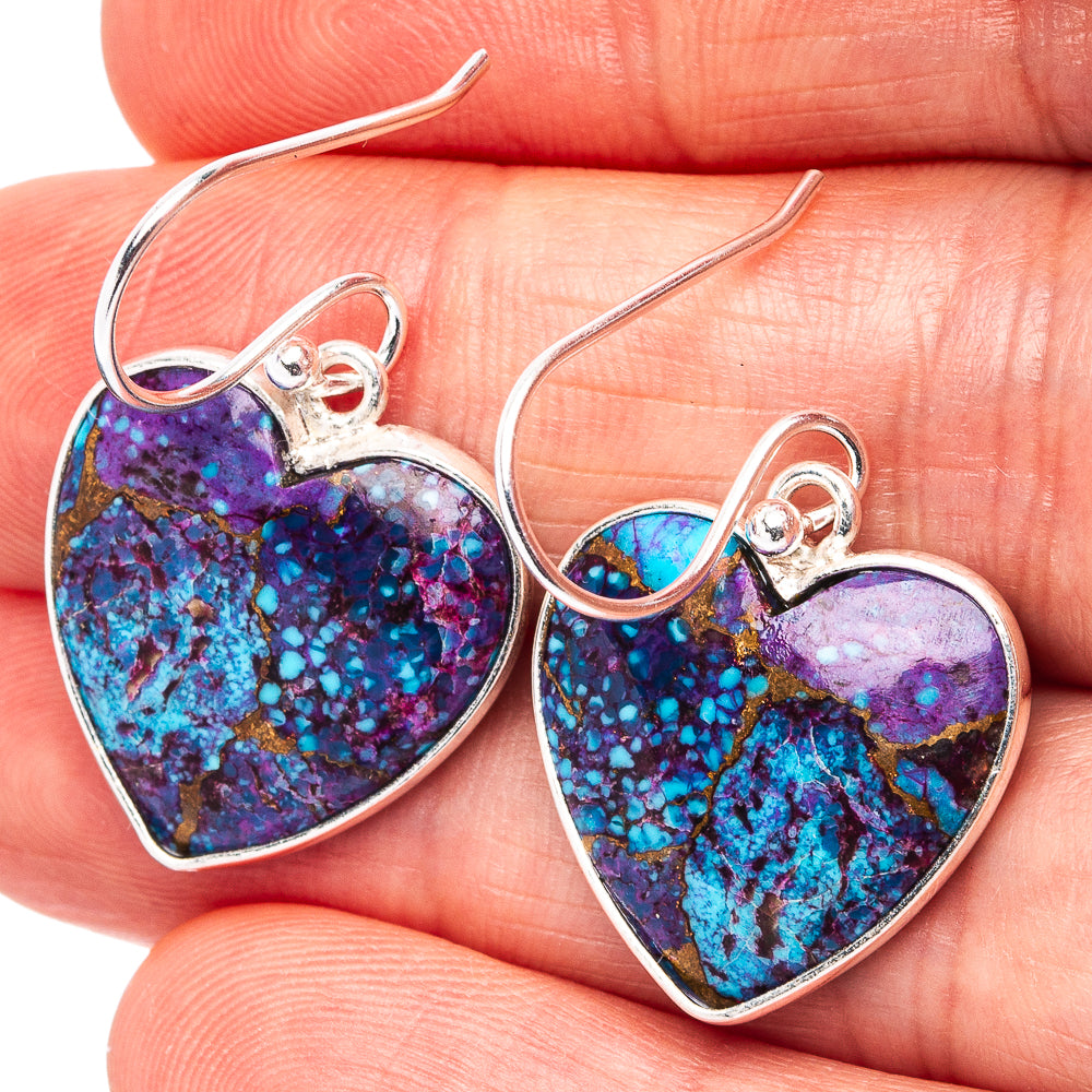 Purple Copper Turquoise Heart Earrings 1 1/4" (.925 Sterling Silver)