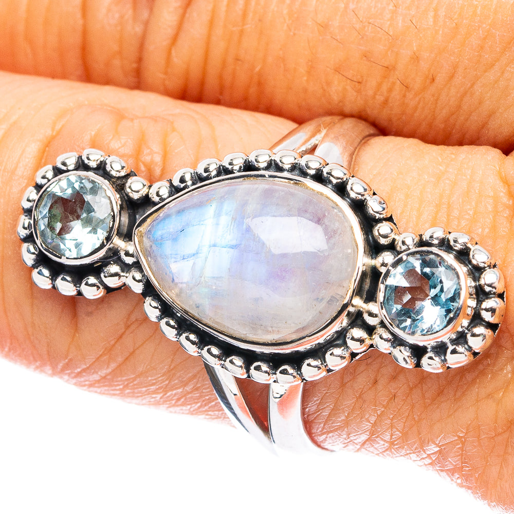 Rainbow Moonstone, Blue Topaz 925 Sterling Silver Ring Size 8.75 (925 Sterling Silver) R6068