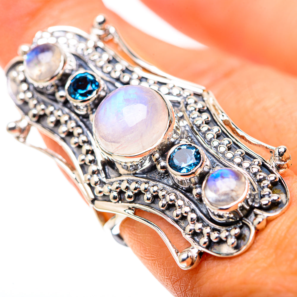 Signature Large Rainbow Moonstone, Blue Topaz Ring Size 7.5 (925 Sterling Silver) RING138271