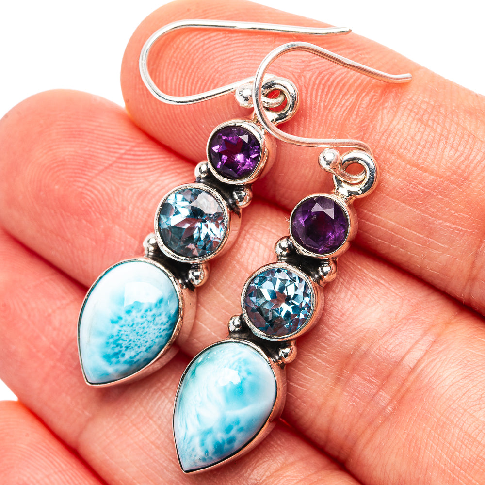 Premium Larimar, Blue Topaz, Amethyst Earrings 1 5/8" (.925 Sterling Silver)