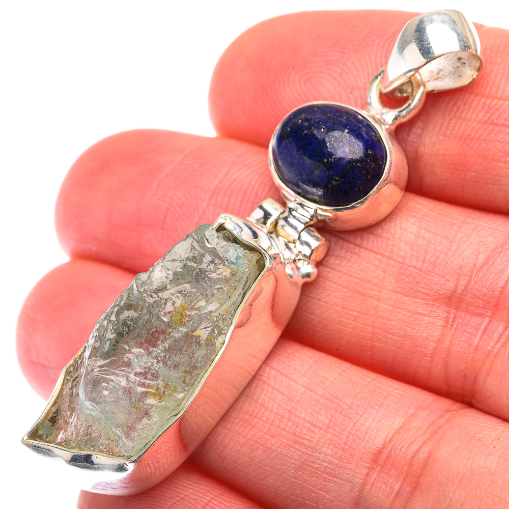 Raw Aquamarine, Lapis Lazuli Pendant 2 1/8" (925 Sterling Silver) PD38480