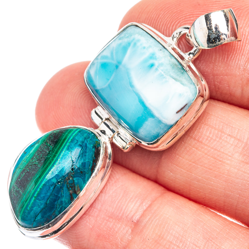 Larimar, Malachite In Chrysocolla Pendant 1 3/4" (925 Sterling Silver) P39284