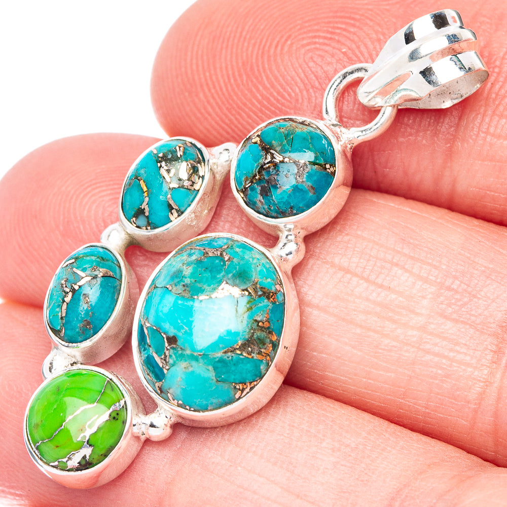 Blue Copper Composite Turquoise, Green Copper Composite Turquoise Pendant 1 5/8" (925 Sterling Silver) P41025